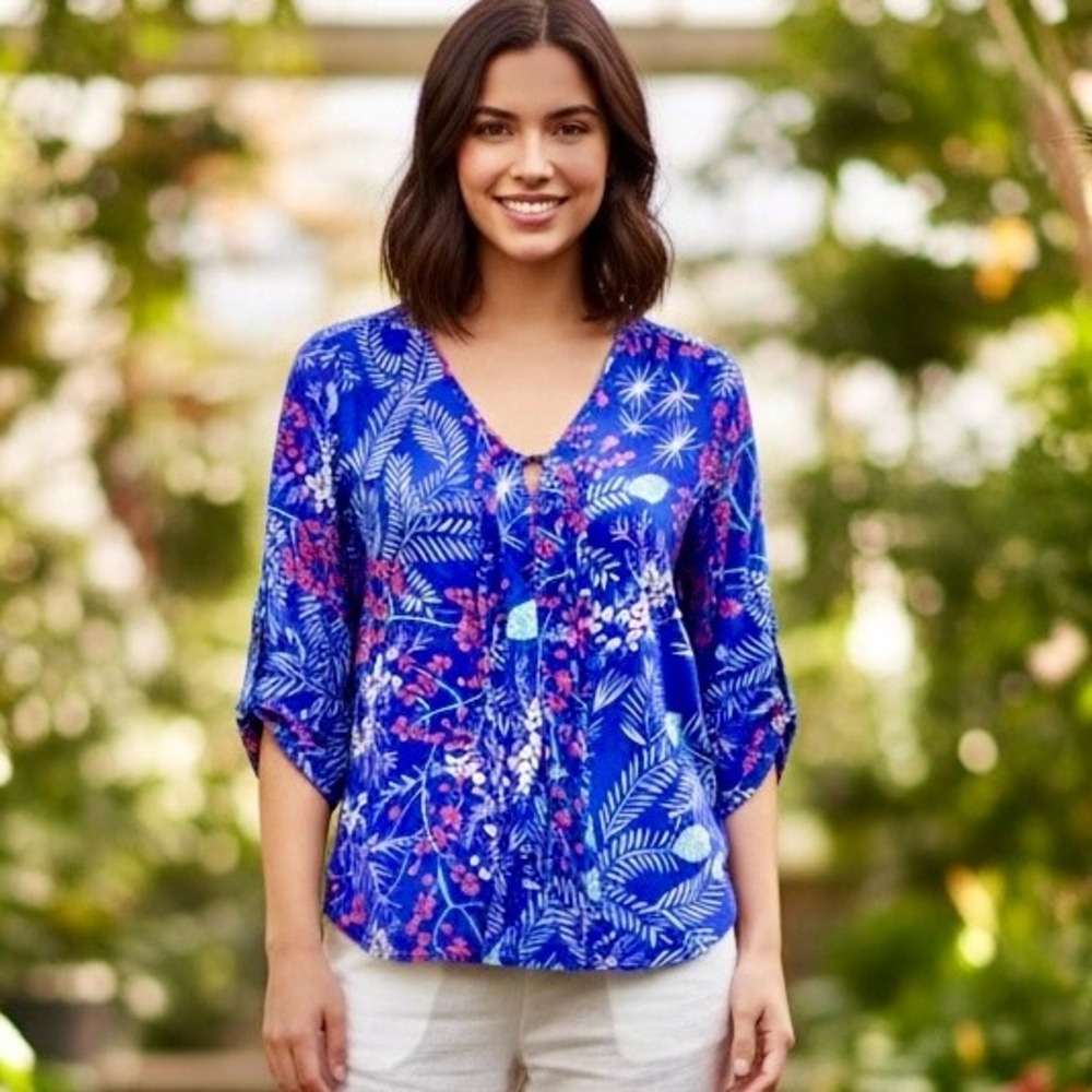Yumi Kim 100% Silk‎ Blouse Shirt Women Small Purple Floral Buttons 3/4 Sleeves